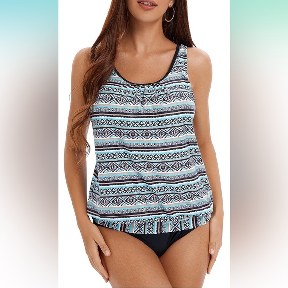 BIKINX Black/Green Geometric Plus Size Tummy Control Two Piece/Tankini NEW!!🖤☀️ - Picture 3 of 7